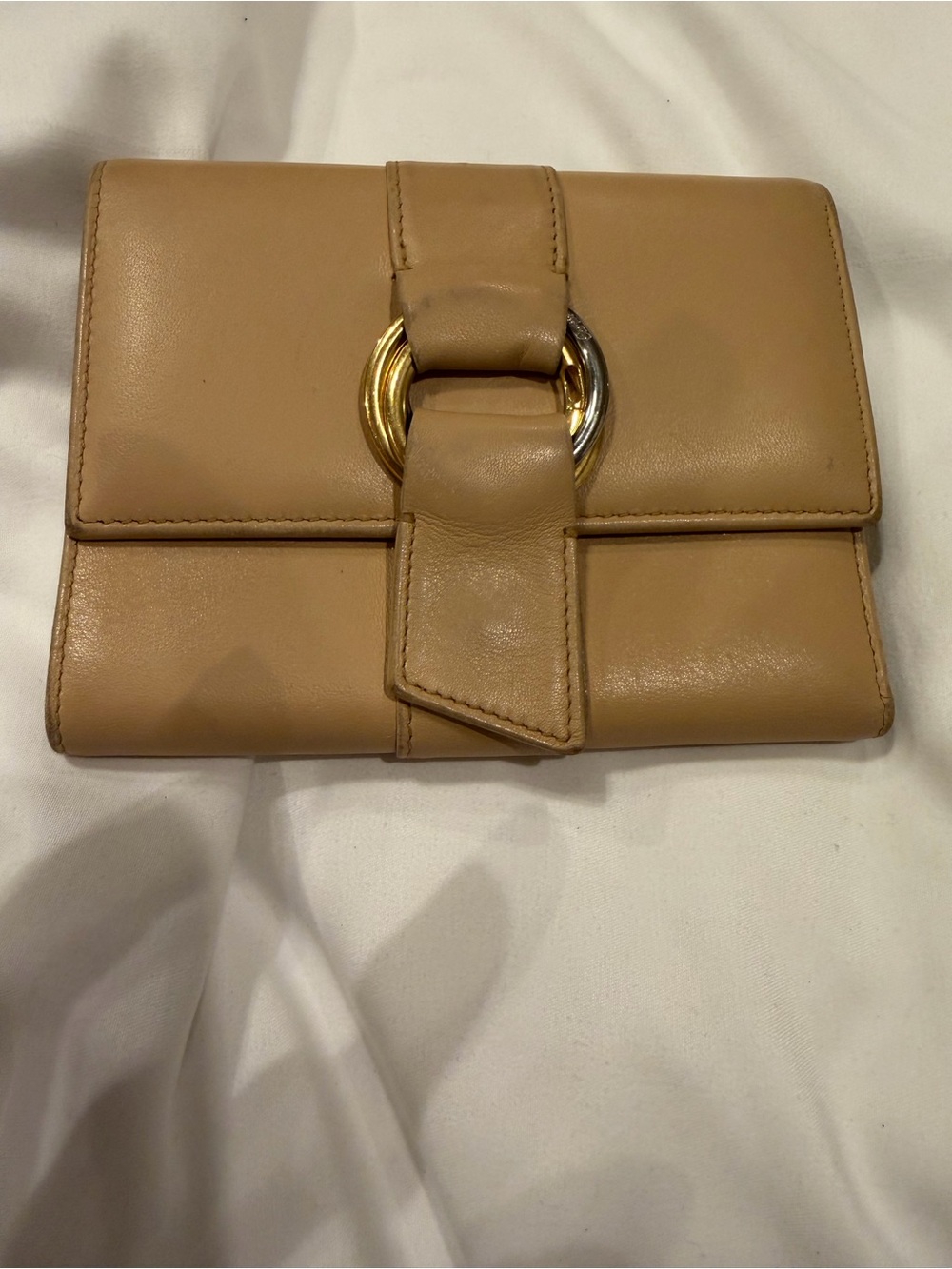 Vintage Cartier Paris Tan Leather Trifold Wallet Two-Tone Ring Hardware